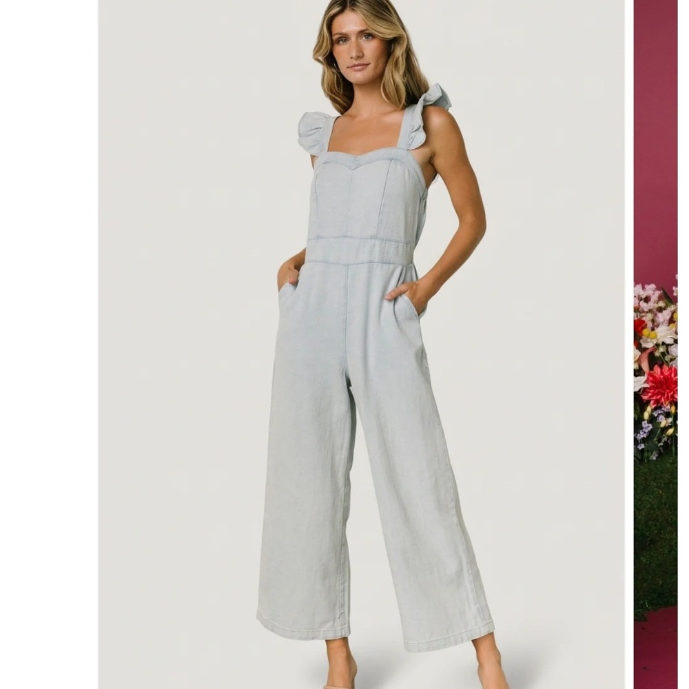 Baltic Born Madison Denim Jumpsuit Light Blue Wide Leg Ruffle Strap 1XL Boho NEW